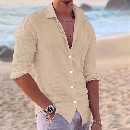 Men's casual fashion cotton and linen slim long-sleeved shirt