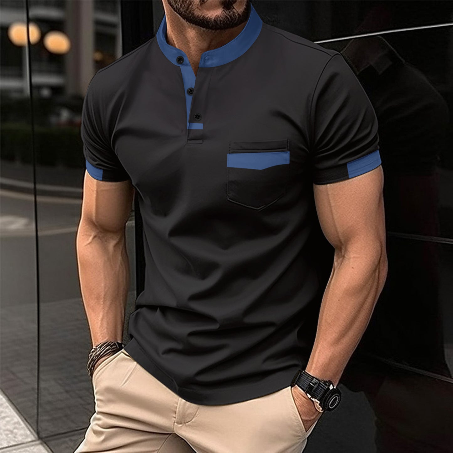 Men's sports polo shirt with colorblock henley collar and short sleeves