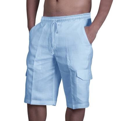 Linen Shorts Multi-Pocket Drawstring Men's Beach Solid Color Overalls