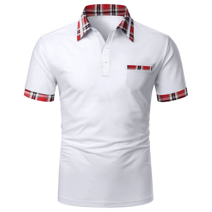 Men's short-sleeved plaid colorblock button pocket casual polo shirt