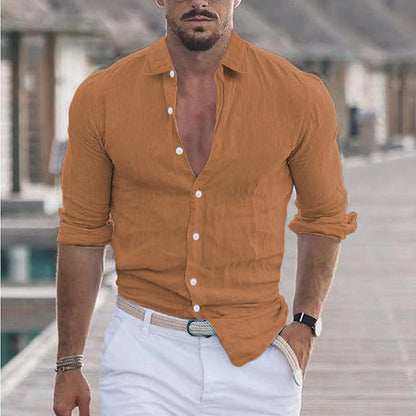 Men's Cotton and Linen Lapel Beach Shirt Long Sleeve Solid Color