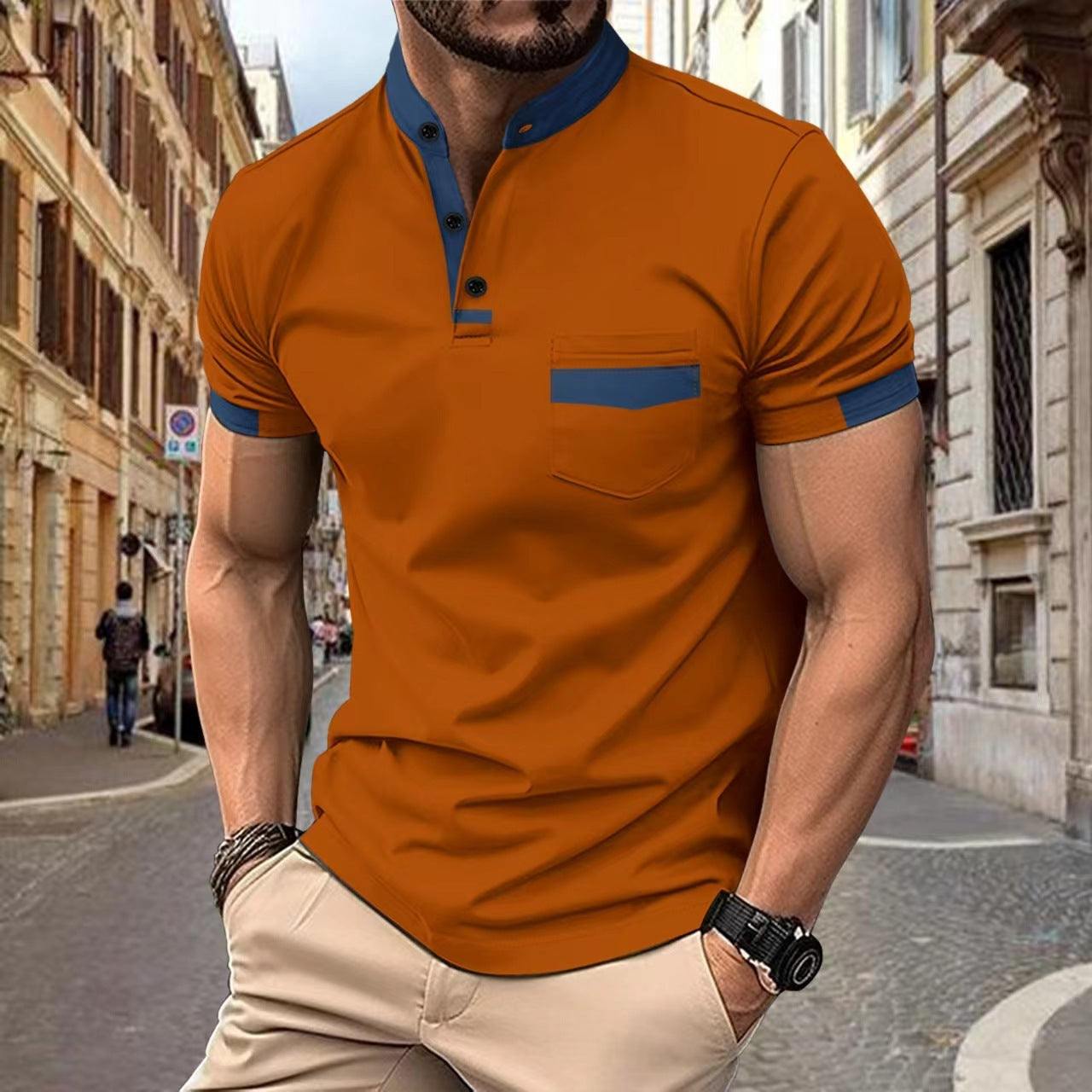 Men's sports polo shirt with colorblock henley collar and short sleeves