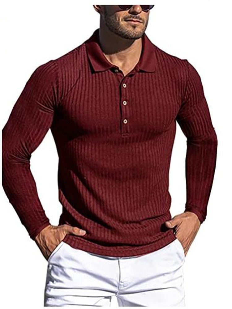 High elastic casual vertical striped long-sleeved POLO shirt slim fit knitted bottoming shirt