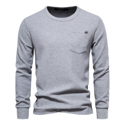 Solid Men's Crew Neck Pocket Waffle Long Sleeve T-Shirt