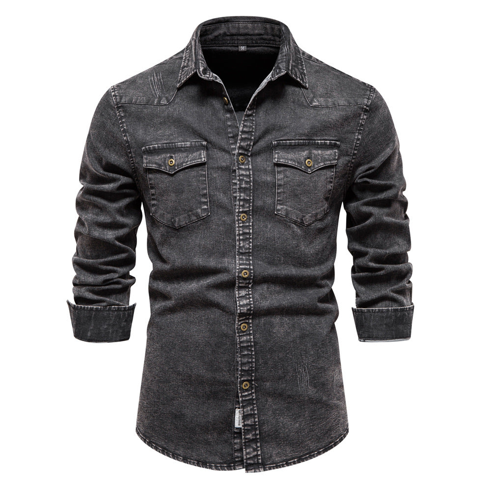 Casual Fashion Men's Washed Distressed Denim Shirt
