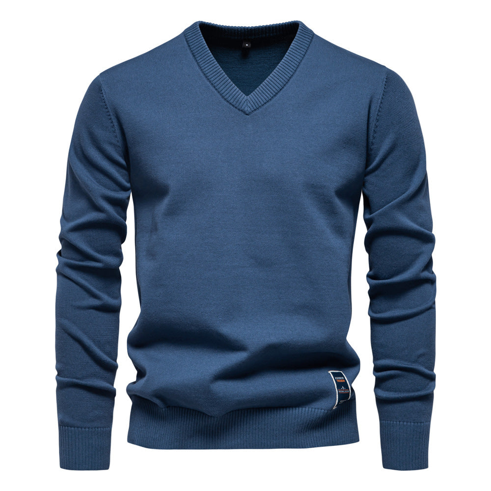 Fashion Men's V-neck cotton solid color sweater