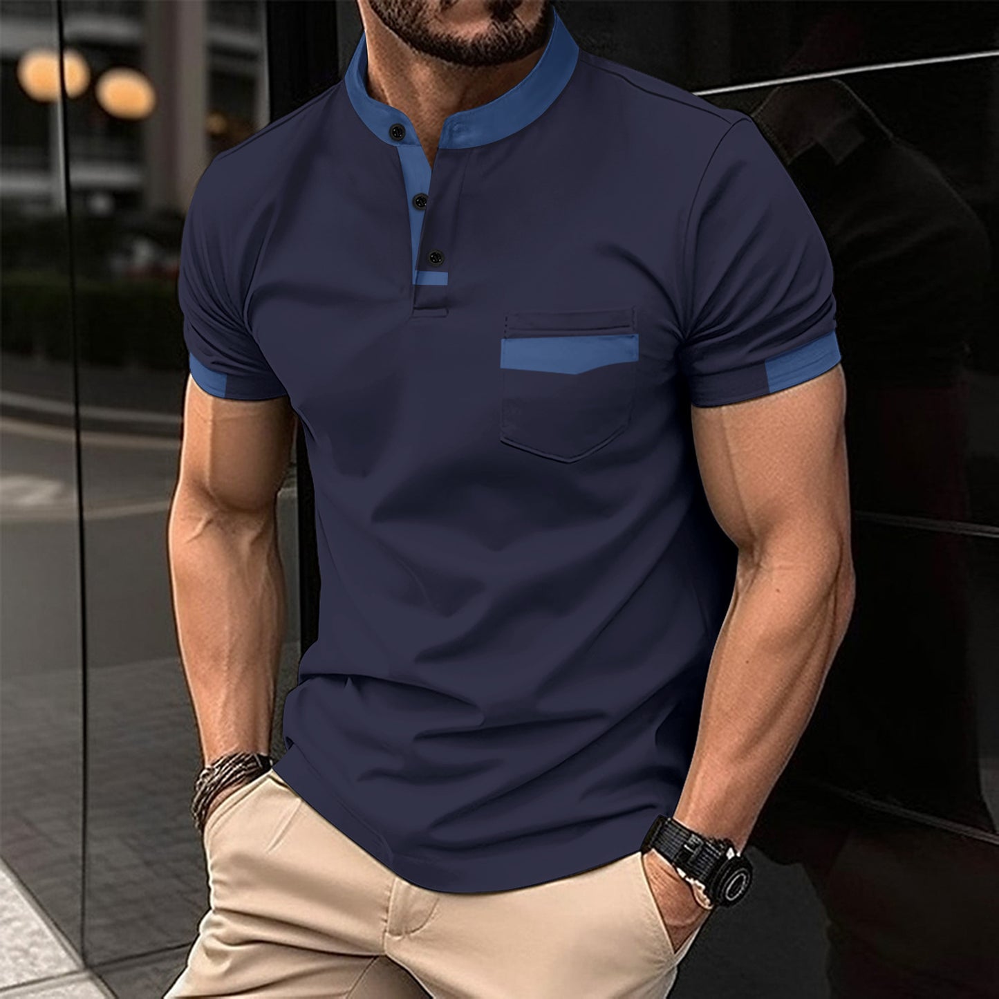 Men's sports polo shirt with colorblock henley collar and short sleeves