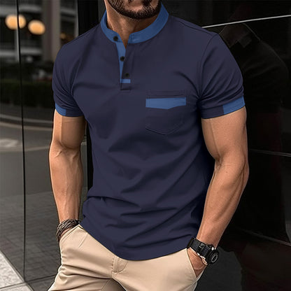Men's sports polo shirt with colorblock henley collar and short sleeves