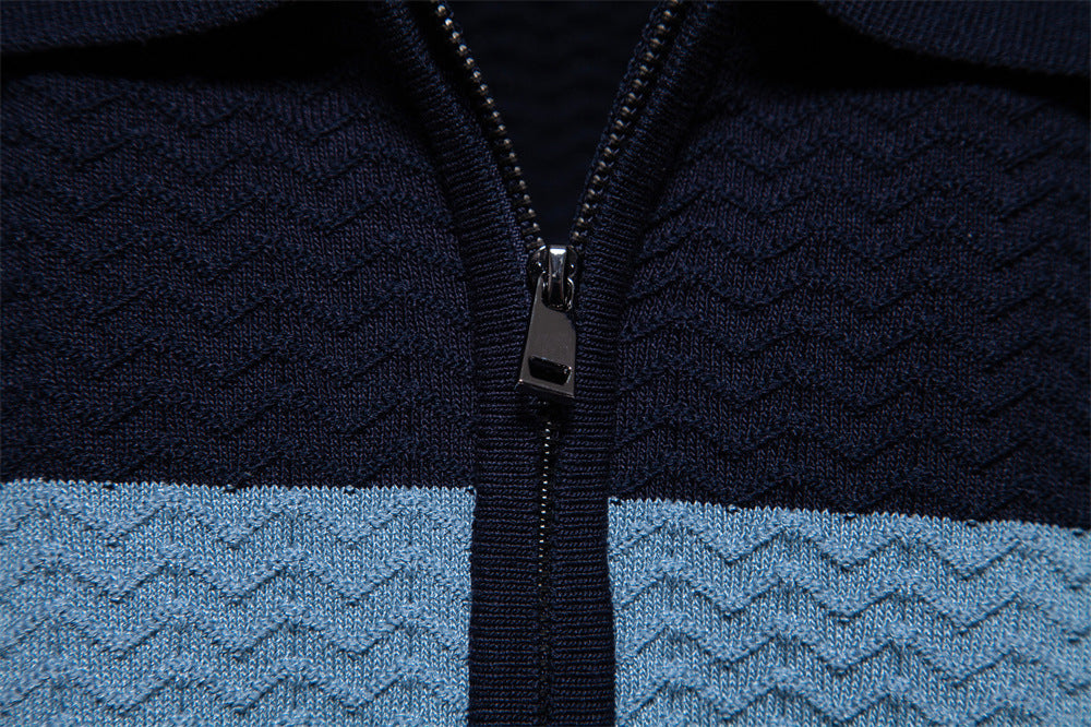 Men's Striped Business Short Sleeve Half Zip Top