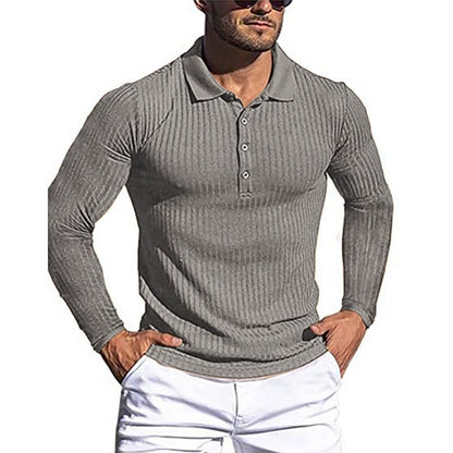 High elastic casual vertical striped long-sleeved POLO shirt slim fit knitted bottoming shirt