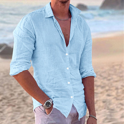 Men's casual fashion cotton and linen slim long-sleeved shirt