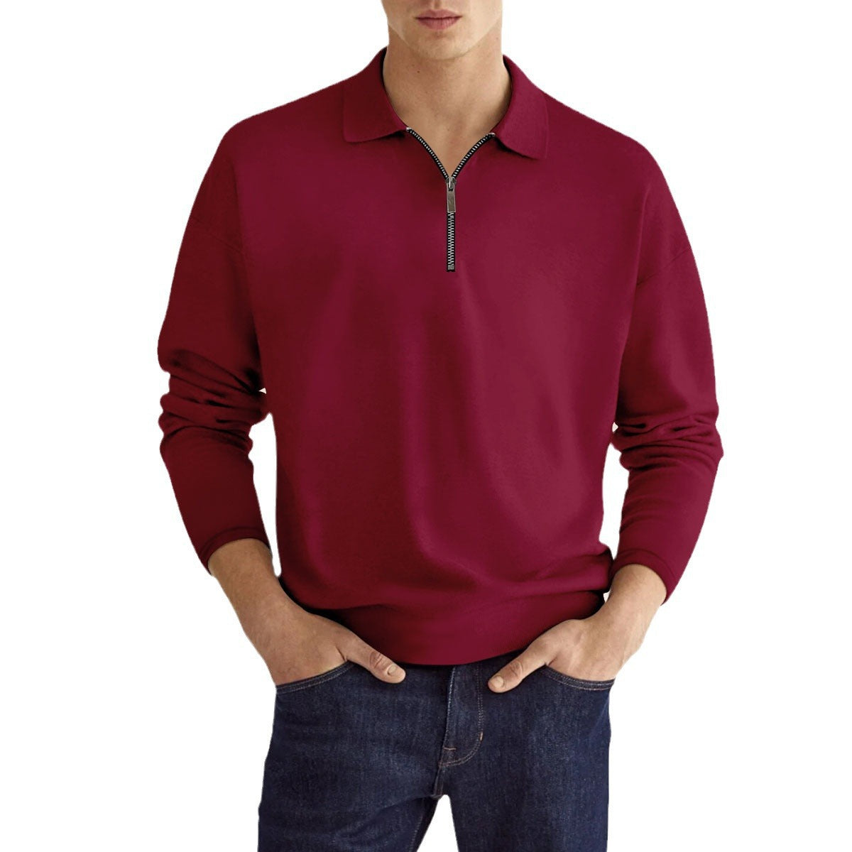 Zipper Solid Color Men's Long Sleeve Sports Polo Shirt