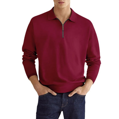 Zipper Solid Color Men's Long Sleeve Sports Polo Shirt