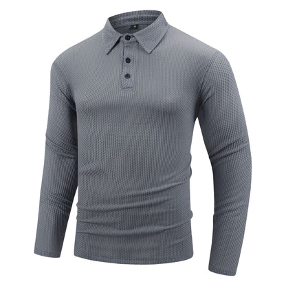 Men's casual long-sleeved lapel tops casual solid color polo shirts