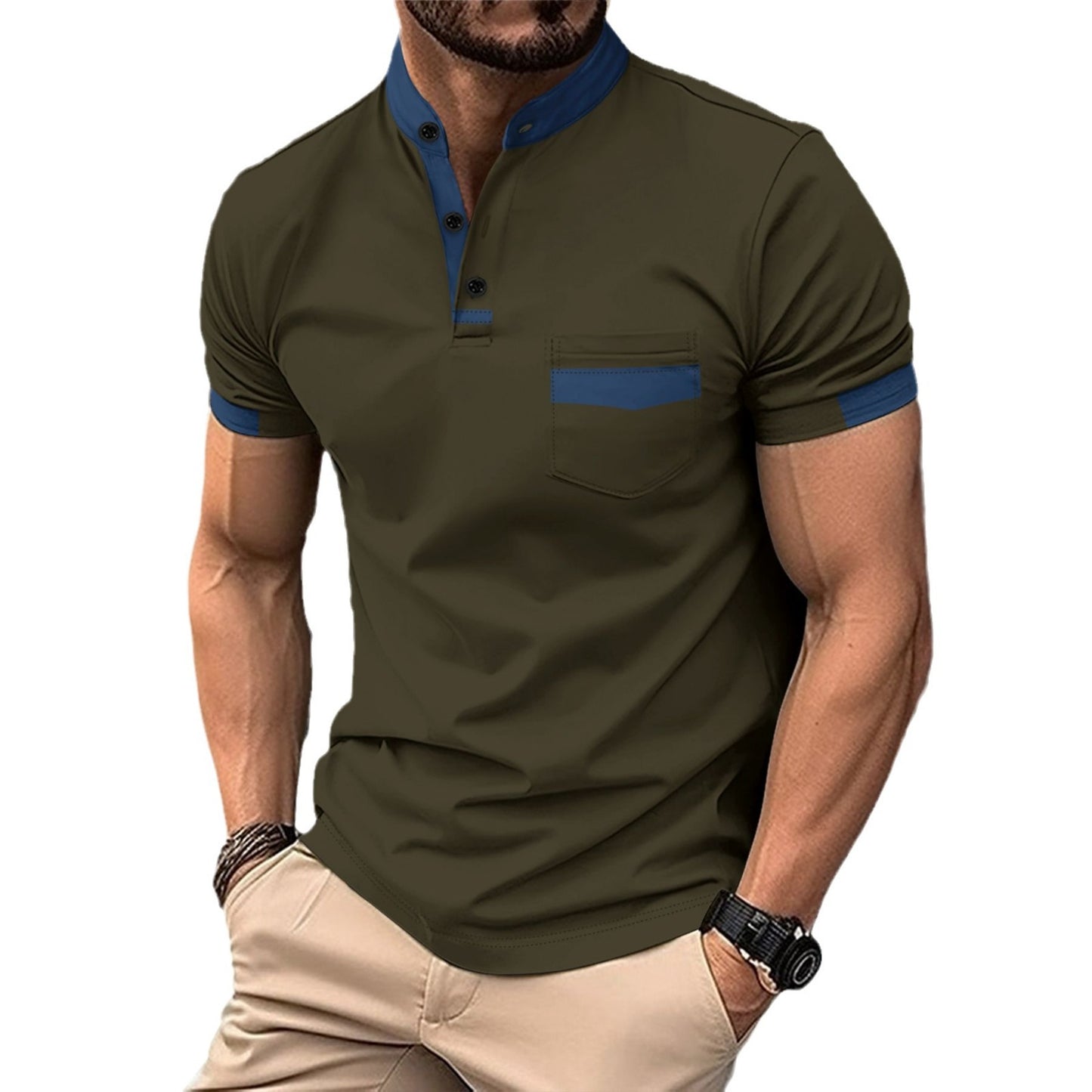 Men's sports polo shirt with colorblock henley collar and short sleeves