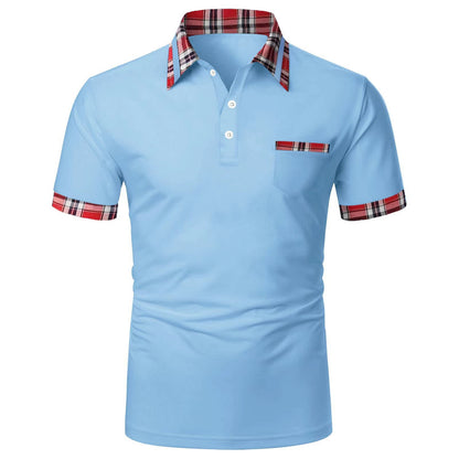 Men's short-sleeved plaid colorblock button pocket casual polo shirt