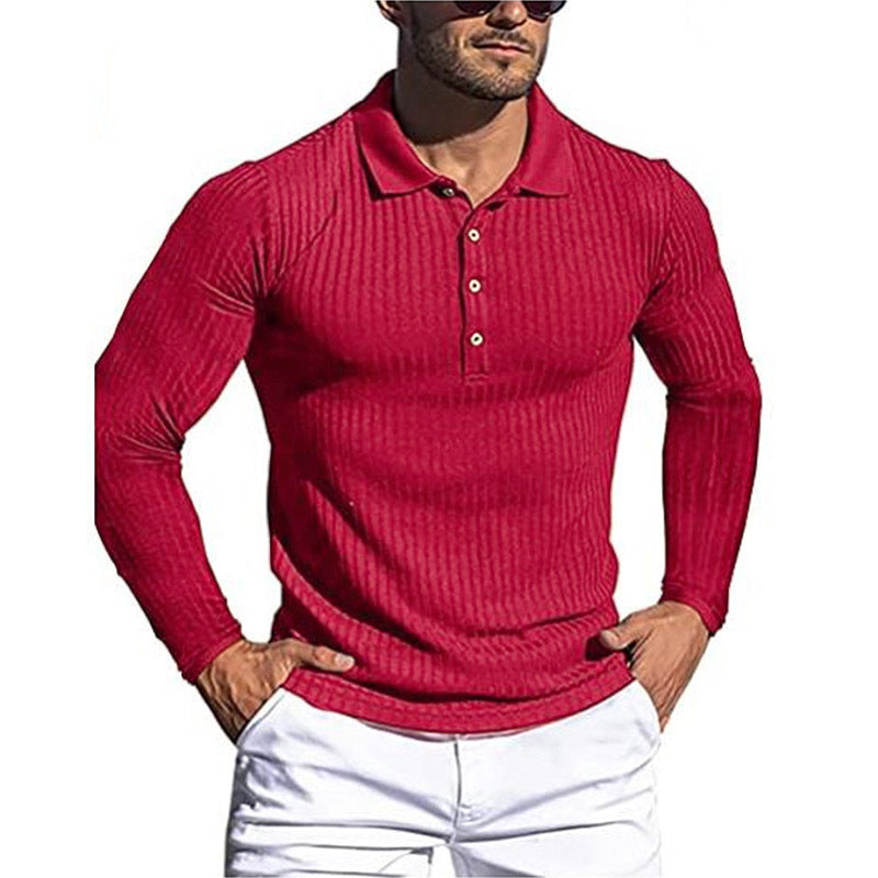 High elastic casual vertical striped long-sleeved POLO shirt slim fit knitted bottoming shirt