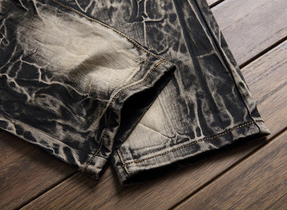 Men's jeans new retro trendy men's pants straight slim embroidered flower trousers