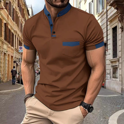 Men's sports polo shirt with colorblock henley collar and short sleeves
