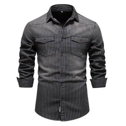 Men's retro collar striped denim shirt