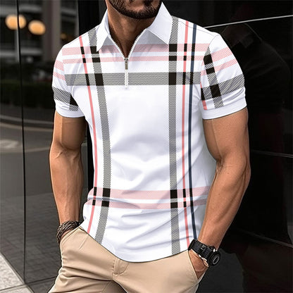 Men's printed plaid striped POLO shirt zip-up sports polo shirt