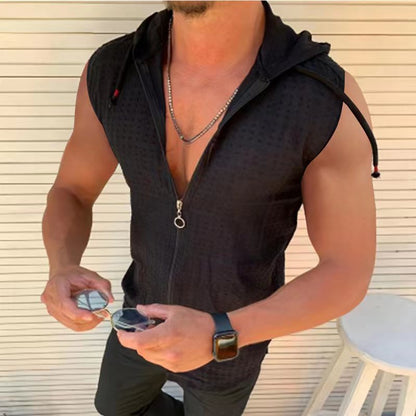 Short-sleeved hooded zipper cardigan T-shirt men's fashion plaid sleeveless t-shirt men's lapel top