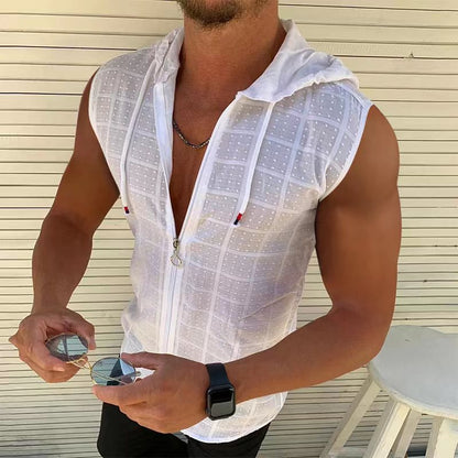 Short-sleeved hooded zipper cardigan T-shirt men's fashion plaid sleeveless t-shirt men's lapel top