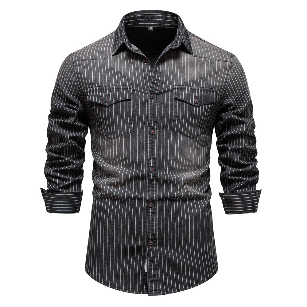Men's retro collar striped denim shirt