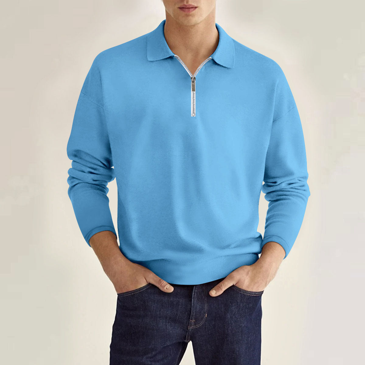 Zipper Solid Color Men's Long Sleeve Sports Polo Shirt