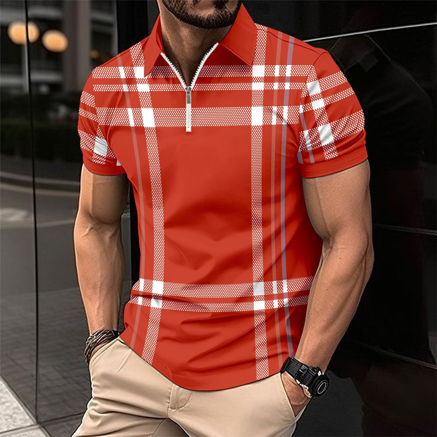 Men's printed plaid striped POLO shirt zip-up sports polo shirt