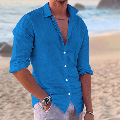 Men's casual fashion cotton and linen slim long-sleeved shirt