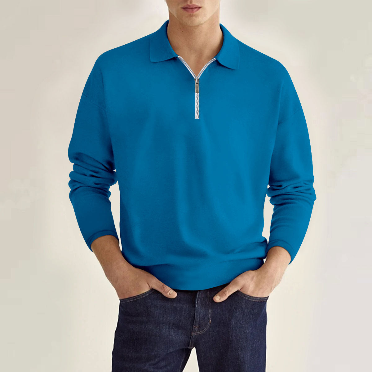 Zipper Solid Color Men's Long Sleeve Sports Polo Shirt