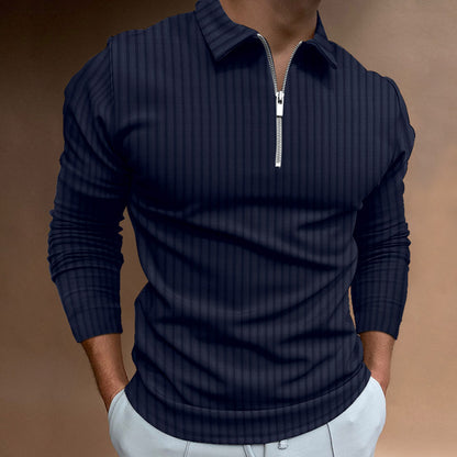 Loose Casual Zipper Striped Long Sleeve Men's Polo Shirt