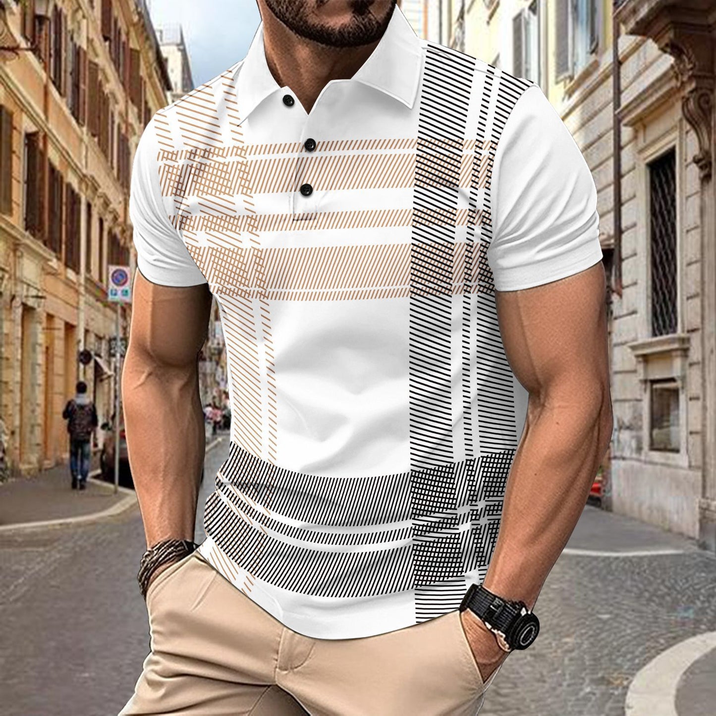 Men's sports polo shirt with printed stripes