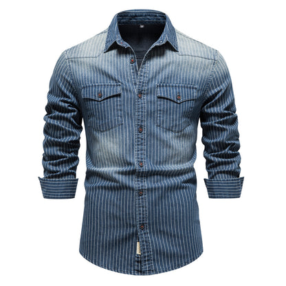 Men's retro collar striped denim shirt