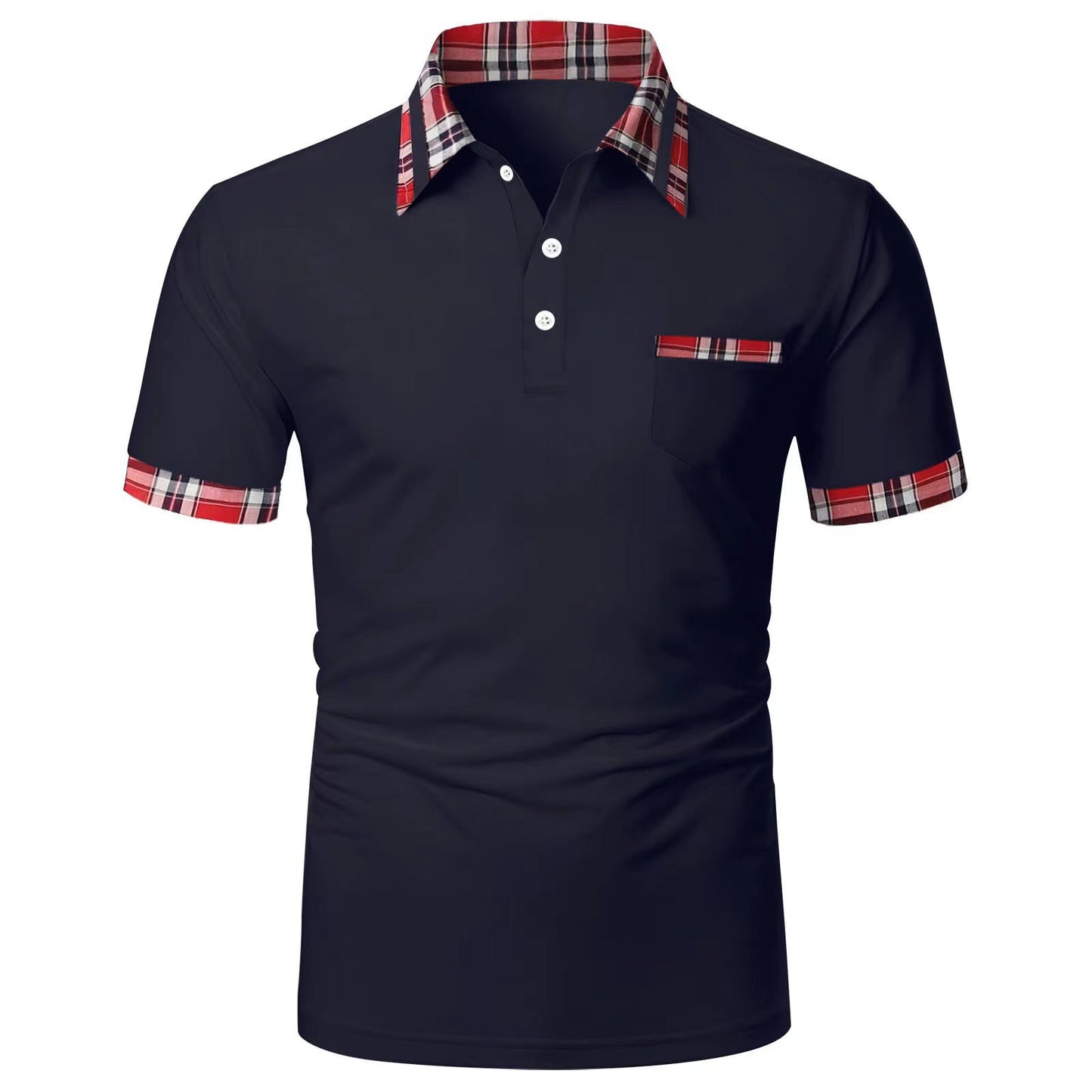 Men's short-sleeved plaid colorblock button pocket casual polo shirt