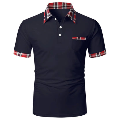 Men's short-sleeved plaid colorblock button pocket casual polo shirt