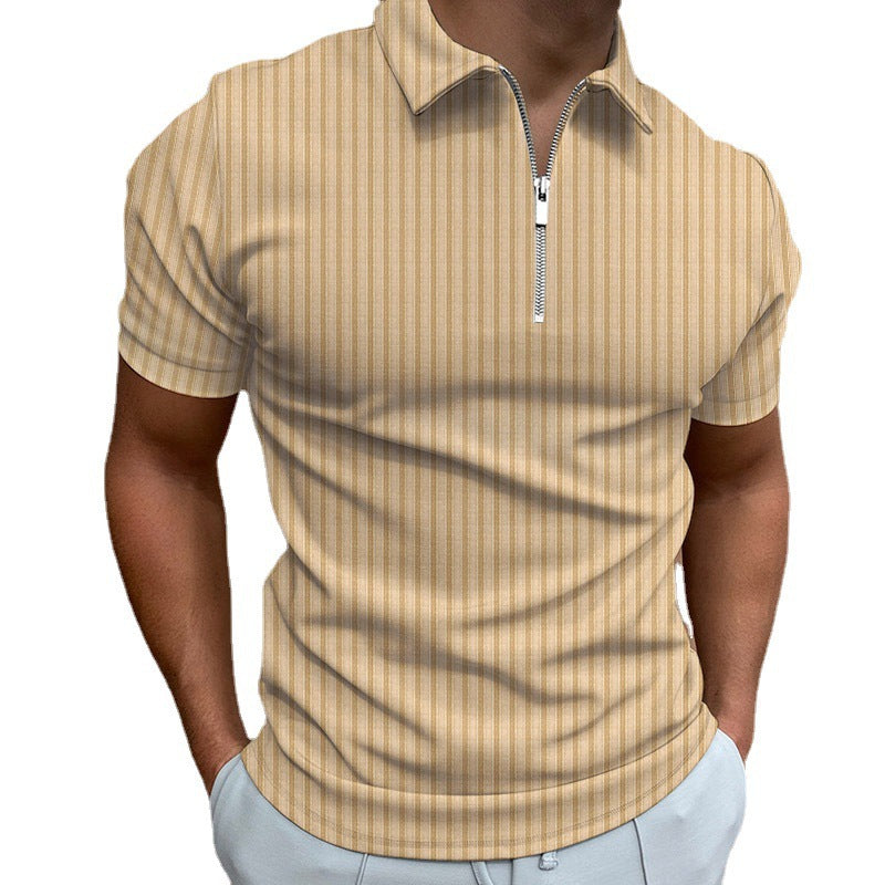 Cotton Loose Zipper Striped Men's Polo Shirt Short Sleeve T-Shirt