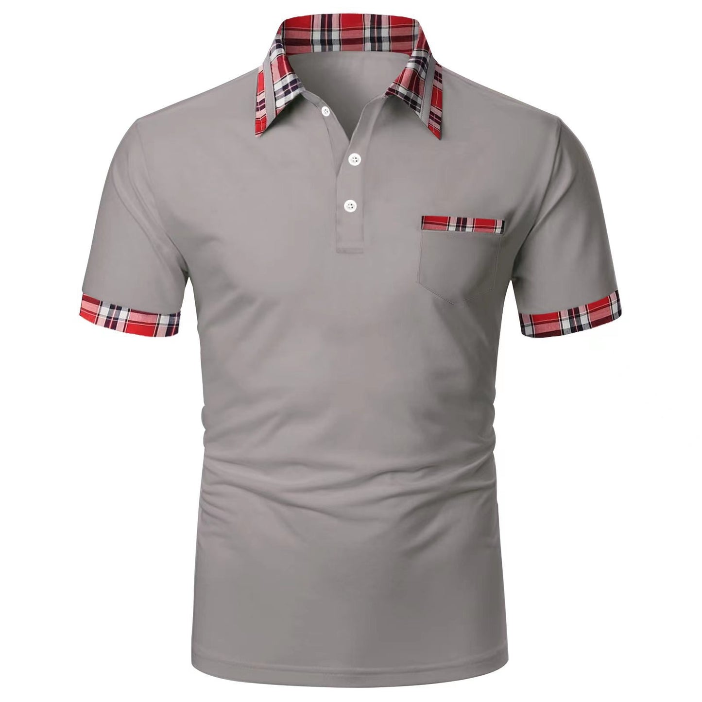 Men's short-sleeved plaid colorblock button pocket casual polo shirt