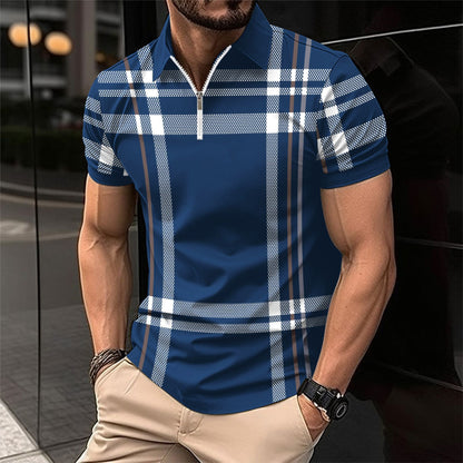 Men's printed plaid striped POLO shirt zip-up sports polo shirt