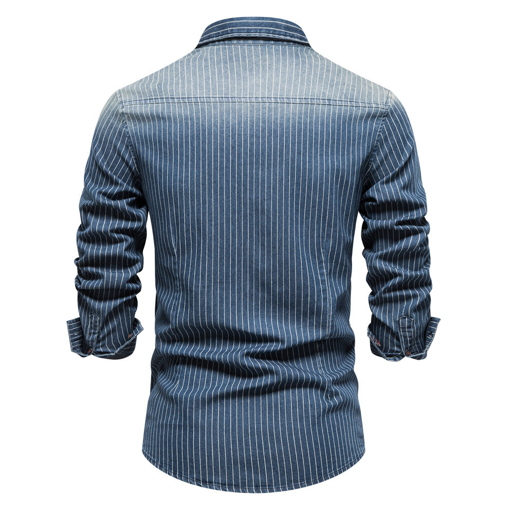 Men's retro collar striped denim shirt
