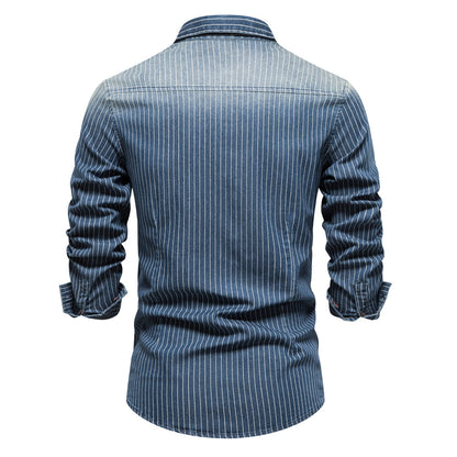 Men's retro collar striped denim shirt