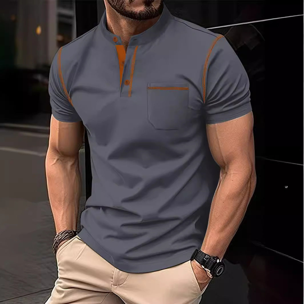 Men's sports polo shirt with stand collar and pockets