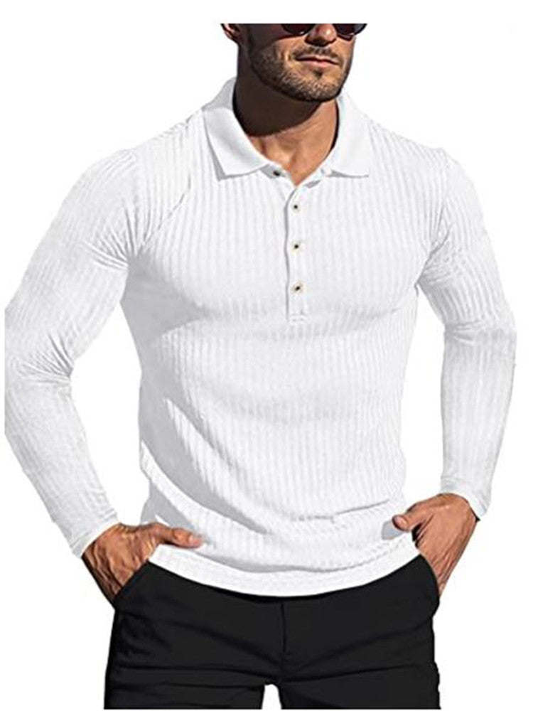 High elastic casual vertical striped long-sleeved POLO shirt slim fit knitted bottoming shirt