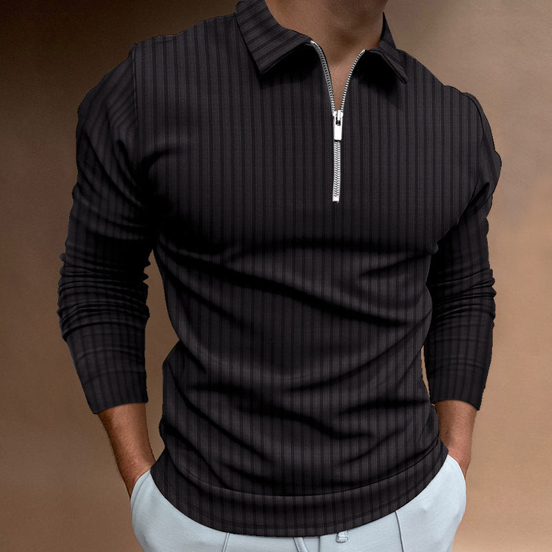 Loose Casual Zipper Striped Long Sleeve Men's Polo Shirt