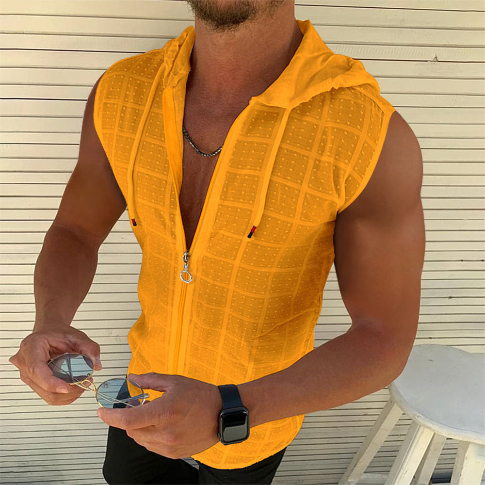Short-sleeved hooded zipper cardigan T-shirt men's fashion plaid sleeveless t-shirt men's lapel top