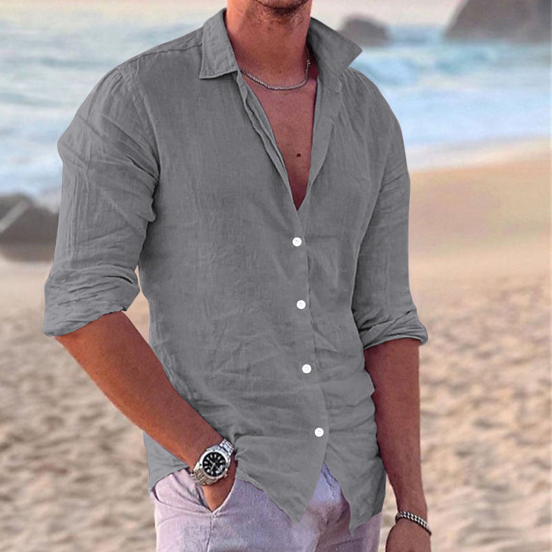 Men's casual fashion cotton and linen slim long-sleeved shirt