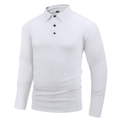 Men's casual long-sleeved lapel tops casual solid color polo shirts