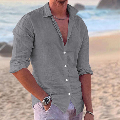 Men's casual fashion cotton and linen slim long-sleeved shirt