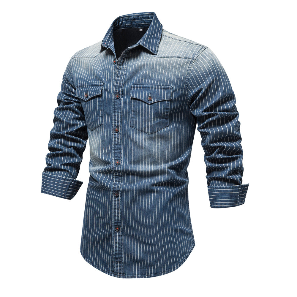 Men's retro collar striped denim shirt